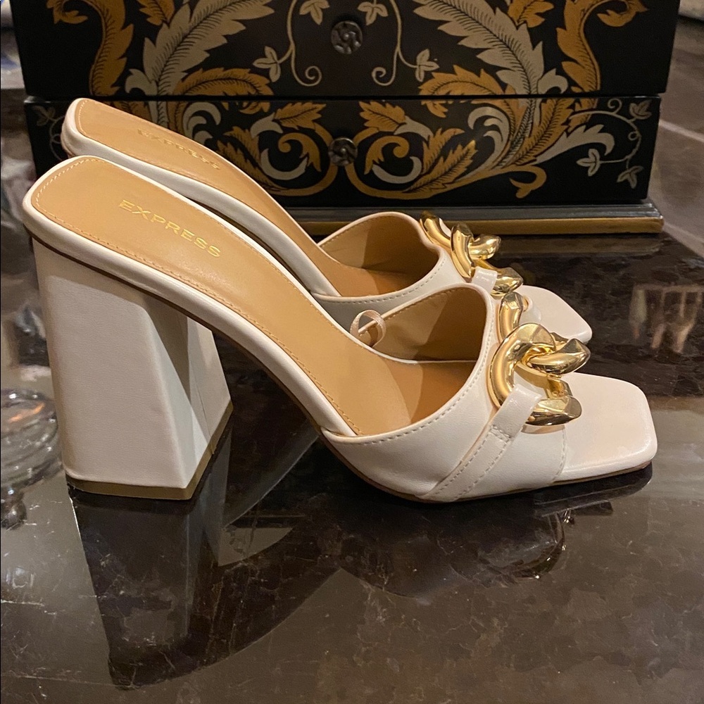 Express Elegant White and Gold Block Heels